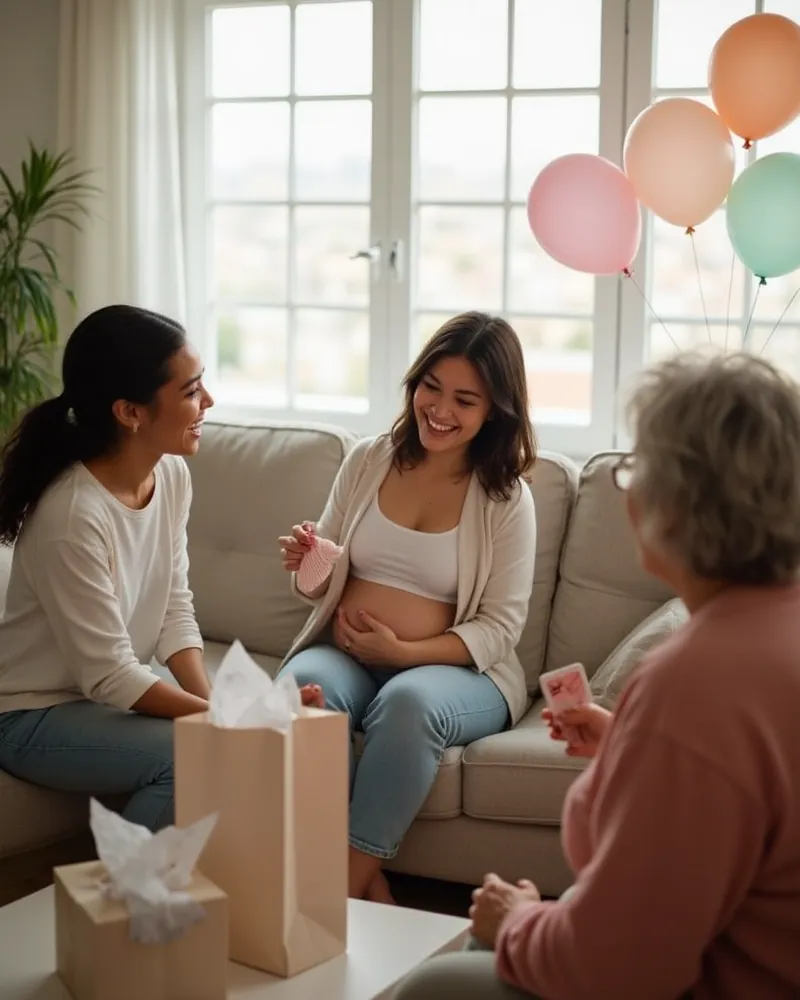 An expecting mother on a sofa smiles as she holds up a tiny pink knitted bootie, friends gathered around her with gift bags and pastel balloons in soft window light.