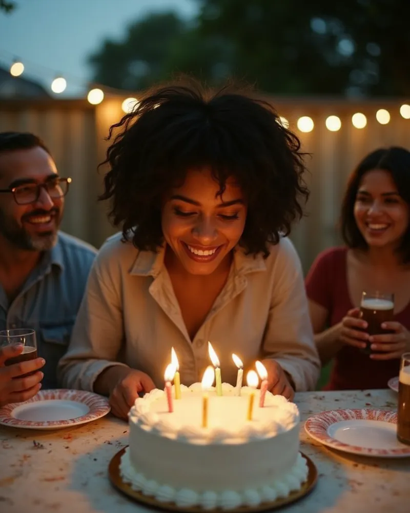 A woman with curly dark hair leans over a candlelit birthday cake at a backyard table, smiling, as friends with drinks laugh beside her under string lights at dusk.