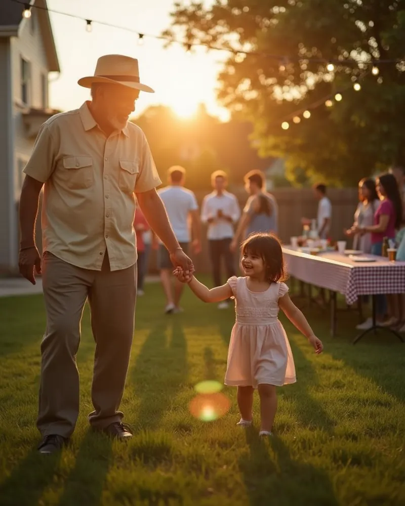 A grandfather in a straw hat walks hand in hand with a laughing little girl across a backyard lawn at golden hour, neighbors chatting around a checkered potluck table under string lights.