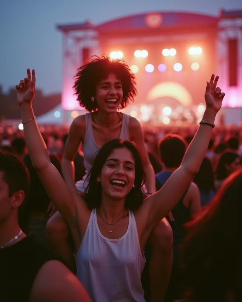 Two friends in an outdoor concert crowd at dusk, one riding on the other's shoulders, both laughing with arms raised as blurred pink stage lights glow behind them.