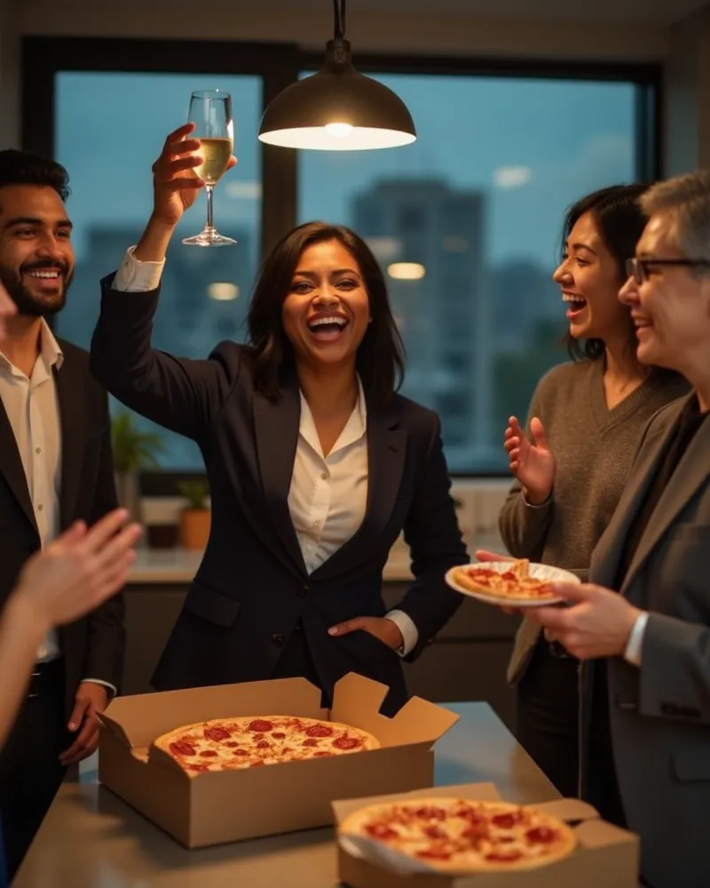 A manager in a dark blazer laughs and raises a glass of sparkling wine in an office kitchen at dusk while coworkers clap and cheer around open pizza boxes, city windows behind them.