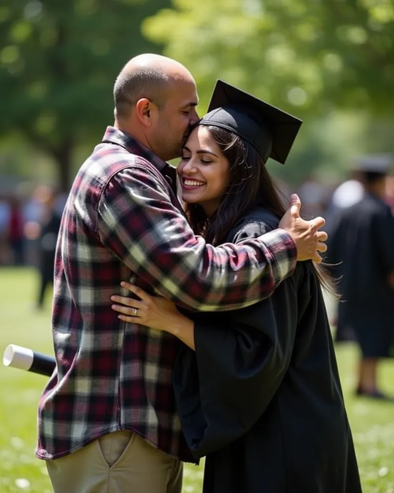 A new graduate in a black cap and gown beams with her eyes closed as her father, in a plaid flannel shirt, hugs her and kisses her forehead on a sunny campus lawn.
