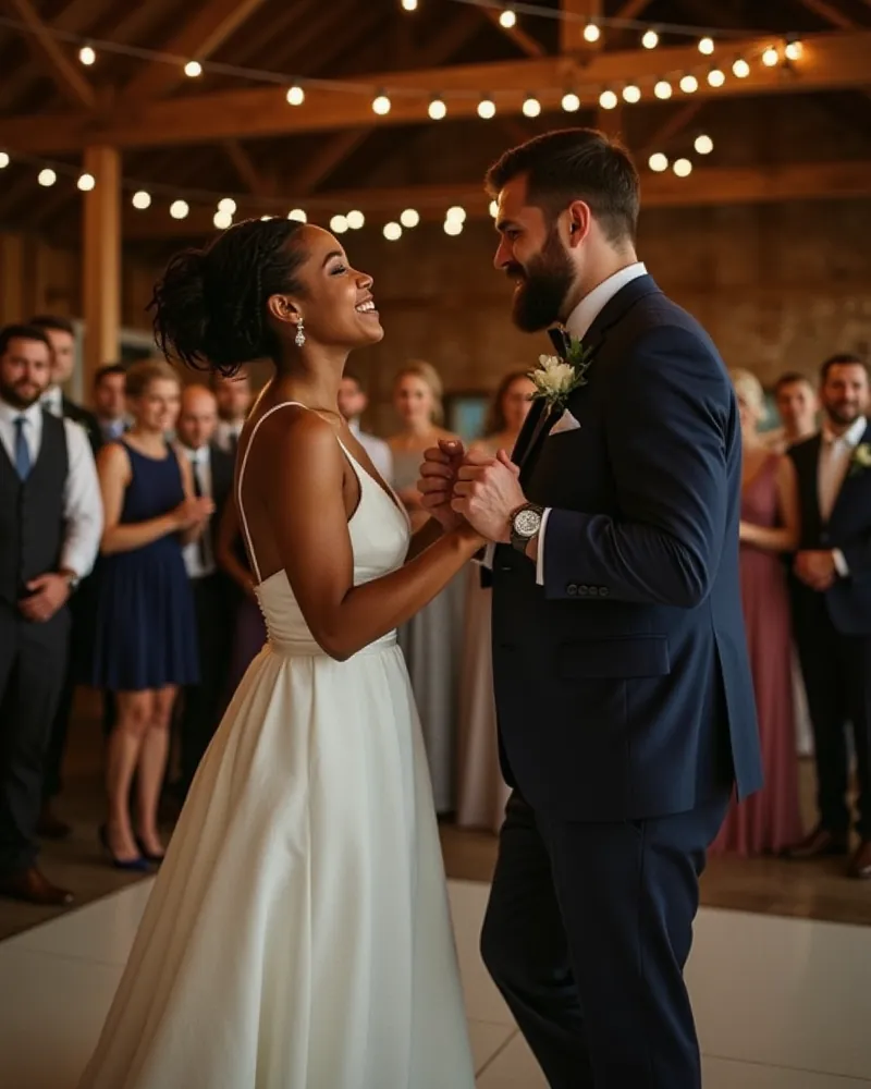 A bride in an ivory dress laughs up at her bearded groom in a navy suit during their first dance in a rustic barn, guests watching from the edge of the dance floor beneath strings of lights.